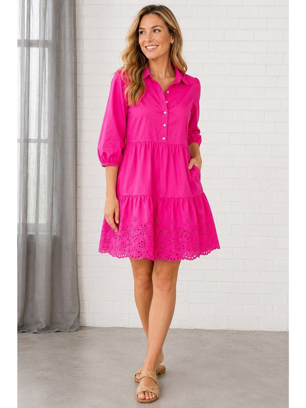 GAP Women’s M Hot Pink Eyelet Hem Tunic Dress 3/4 Sleeve Button Front Cotton